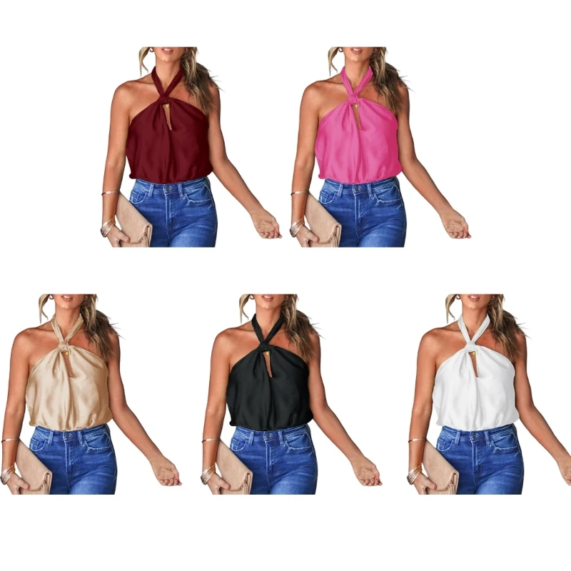 

Женский Атласный топ с открытой спиной, Летний жилет с высокой горловиной, стильные топы для йоги