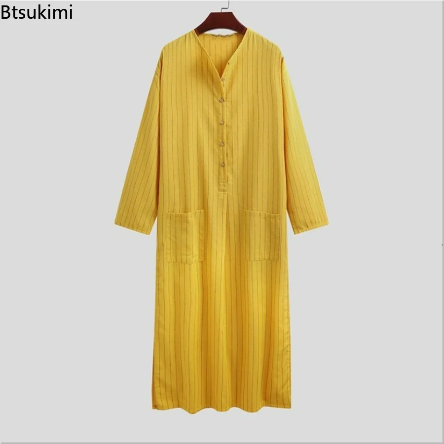 2023 Muslim Fashion Men's Robes Arabian Striped Shirt Ethnic Clothing Long Sleeves Retro Kaftan Islamic Arabic Male Jubba Thobe
