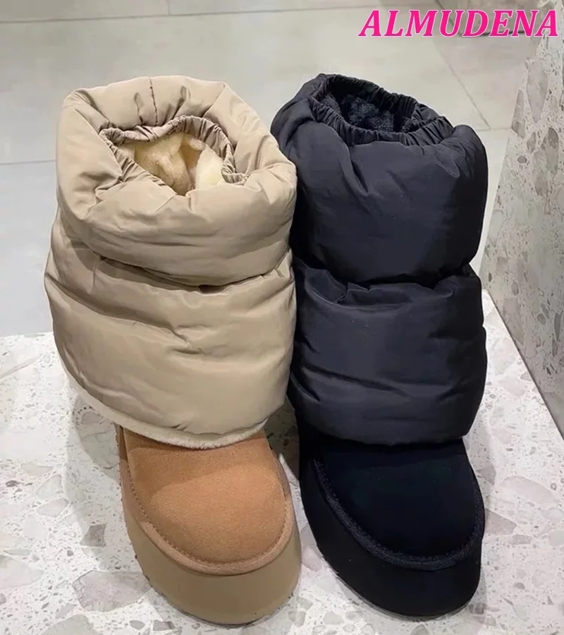 Женские зимние ботинки до середины икры на плоской платформе