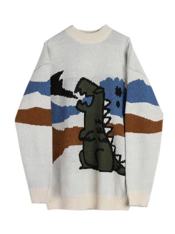 Милые свитера в стиле Харадзюку с изображением динозавра, милый женский свитер с мультяшным принтом, милые японские Теплые повседневные вязаные топы, простой Женский пуловер