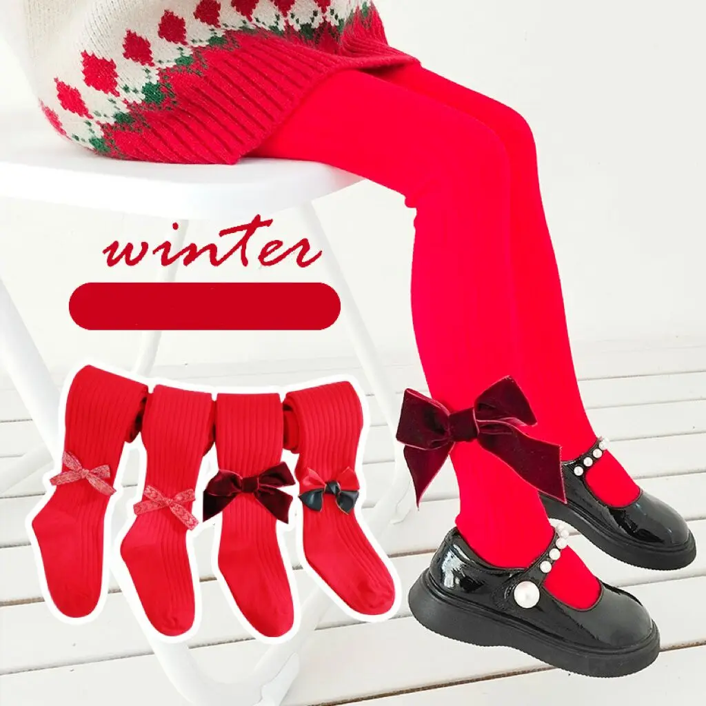 Baby Christmas Winter Tights Hot Baby Toddler Kid Girl red Stockings cashmere Warm Pantyhose Solid gift Tight 0-12Years