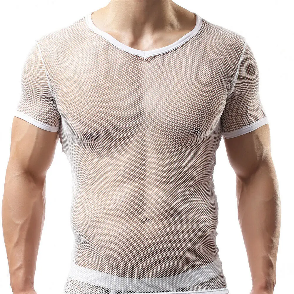 FYXLJJ Men Mesh See Through Fishnet T-shirt Man Sexy V Neck Short Sleeve Transparent Tee Tops Homme Hip Hop Streetwear Camisetas