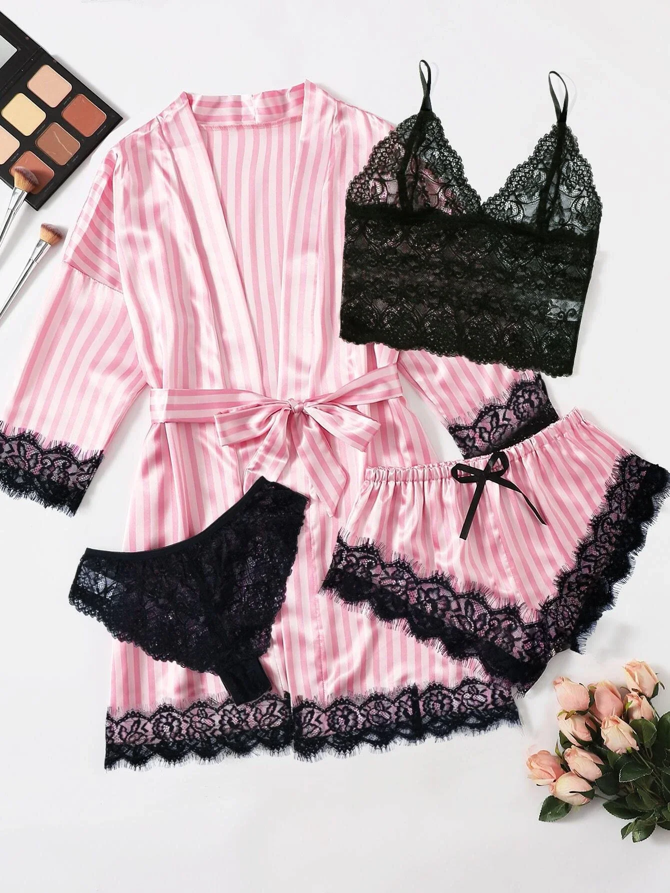 

5pack Striped Contrast Lace Satin Lingerie Set & Robe