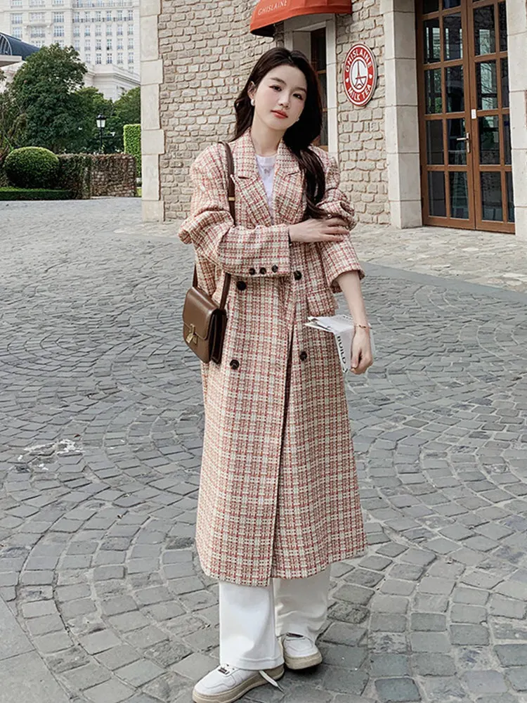

Большой свободный Женский Тренч в Корейском стиле, Женский клетчатый длинный двубортный плащ с поясом, верхняя одежда с штормовыми щитками