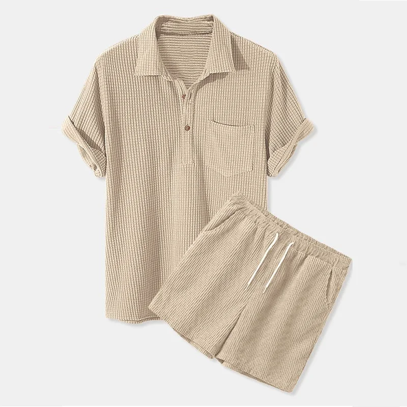 Two Piece Set Summer Loose Waffle Corduroy Short Sleeve Suit Men's Fashion Half Cardigan T-Shirt Shorts Suit Sport Wear