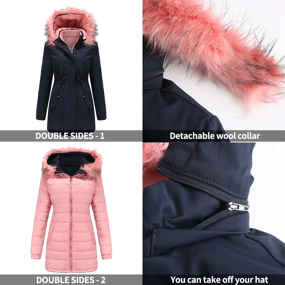 Double-sided Wear Winter Coat Women's Parka Coat Detachable Plush Pluffy Collar Hat Hooded Warm Quilted Coat Jacket Outerwear
