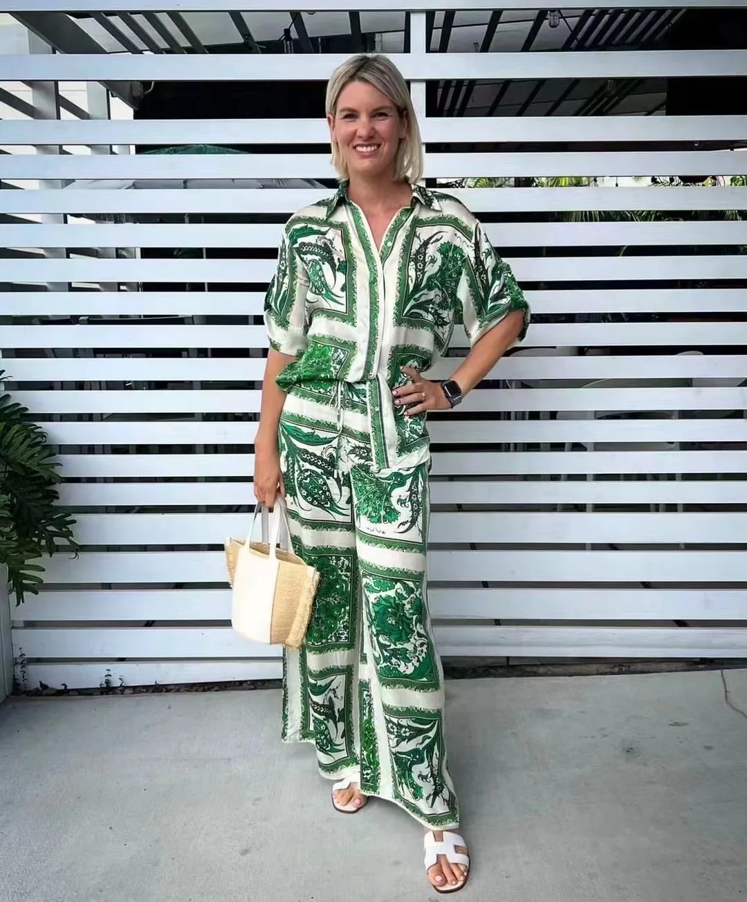 Women's Pajama Set Print Summer Spring Short Sleeve Ladies Sleepwear 2 Pcs Wiht Pant Loose Homewear Pijama Suit For Female