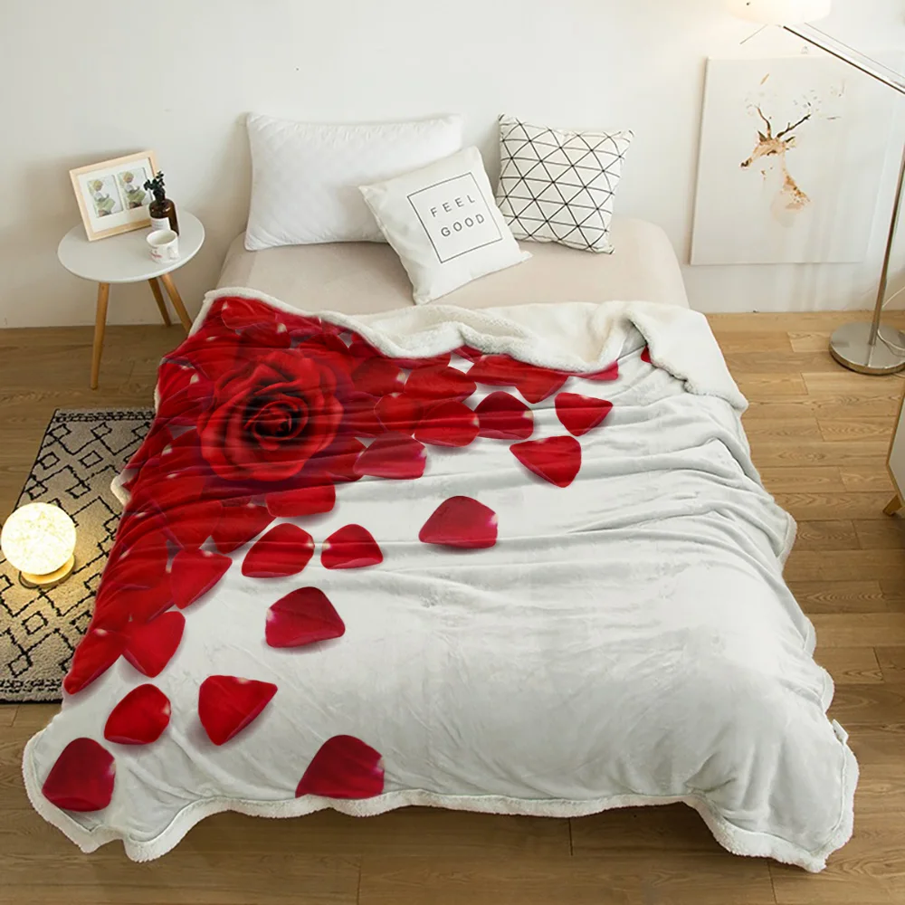 

Red Rose Flower Plant White Plush Throw Blanket Sherpa Fleece Bedspread Blankets Sofa Cover Bedding Picnic Wool Soft Blanket
