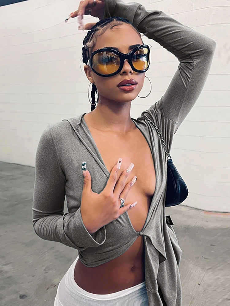 

Y2K Sexy Deep V Neck Long Sleeve Hooded Cardigan T Shirt Women 2022 Autumn Fashion Streetwear Crop Tops Casual Gray Pullovers