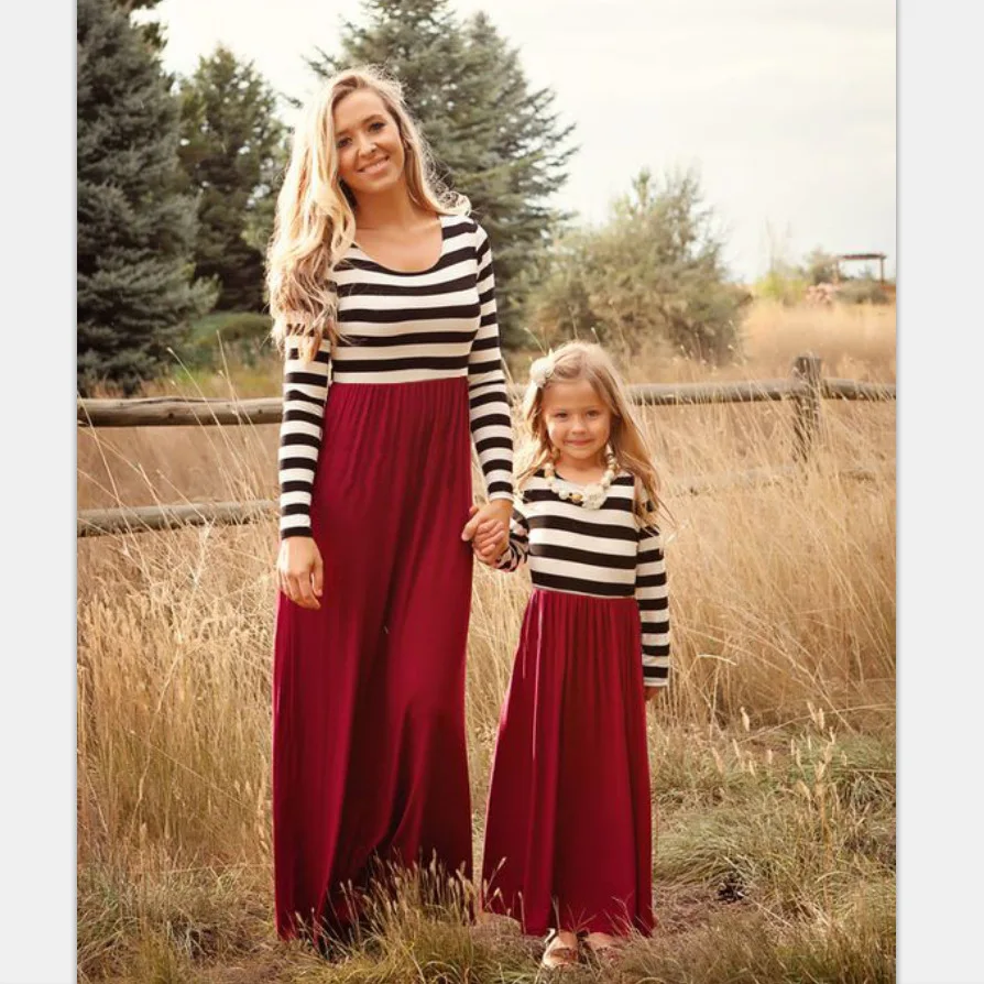 

Mom and Daughter Long Sleeve Dress Clothes Family Look Matching Outfit Spring Autum Striped Patchwork Mommy and Me Long Dresses