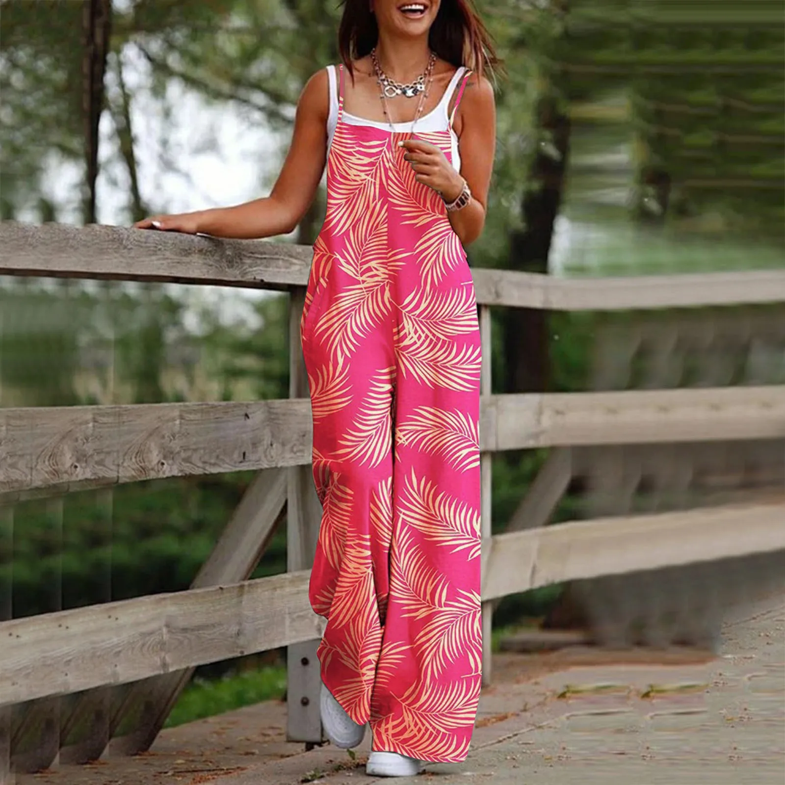 

Casual Pink Jumpsuit Women Spaghetti Strap Sleeveless Loose Wide Leg Rompers Pocket Wide Leg Pants Summer Bib Overalls Outfit