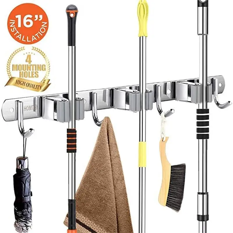 

Stainless Steel Mop Rack Wall Mount Broom Mop Organizer Hook Holder Storage Hook Kitchen Bathroom Organization Accessories