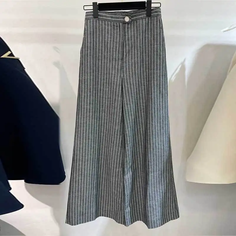 2023Chic Runway Female 100%Cotton Striped Long Trousers Early Autumn High Wiast Wide Leg Pants Y2K Classic Women Clothes New