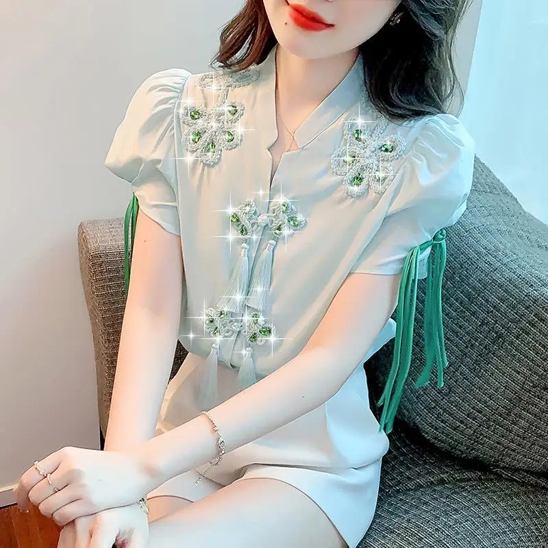 

Blouse female 2022 clothing French casual light cooked temperament inlaid diamond chiffon short sleeve blouse female tops