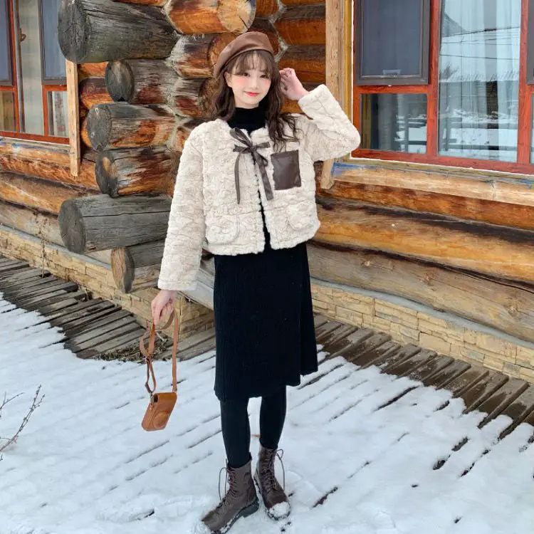 Lamb Coat Women's Short Autumn  Winter Korean Thickened Rabbit Furry Fur Plush Coat O Neck Sweet Girl Cute Kawaii Japaness