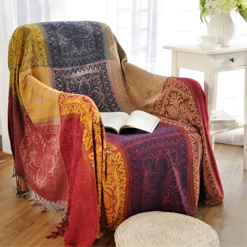 Bohemian Grid Yarn-dyed Knitted Chenille sofa cover Blanket Towel Bed wall boho Decor slipcover Travel picnic pad mat