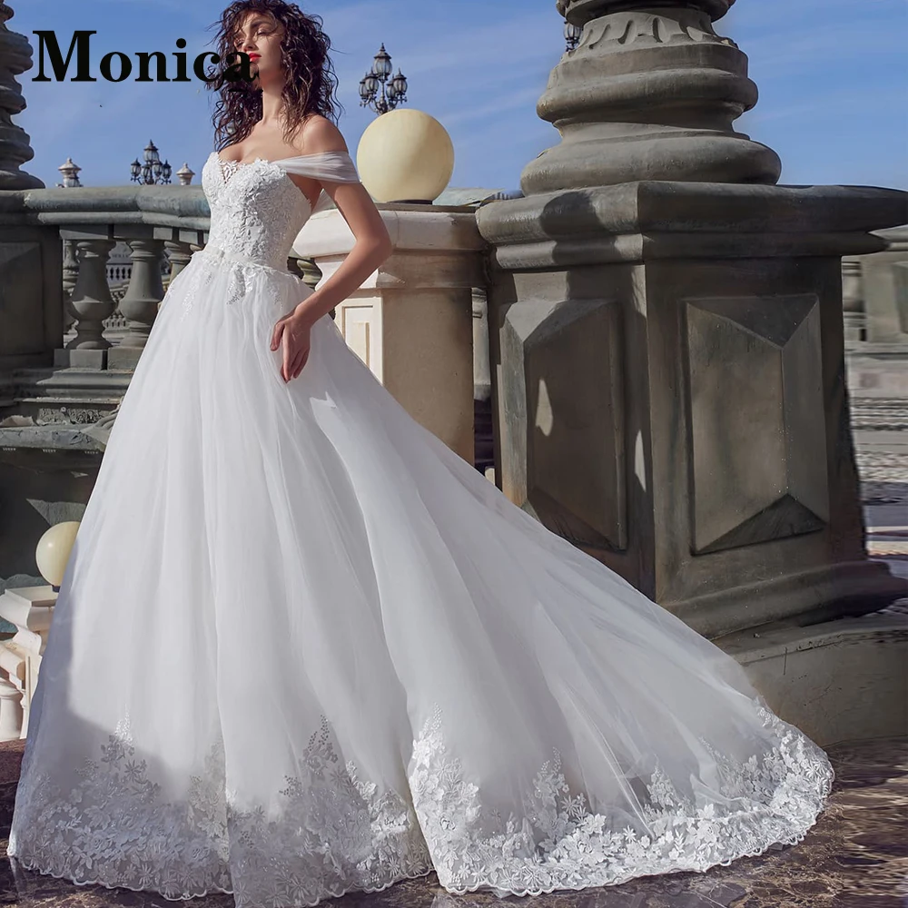 

MONICA Sweetheart Backless Off The Shoulder Sleeveless Wedding Dresses Tulle For Women Lace Up Custom Made Robe De Mariée Pleat