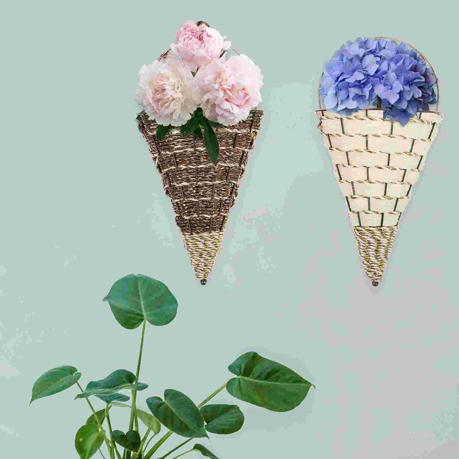 

Flower Basket Hanging Wall Holder Pot Planter Vase Woven Rattan Mounted Decorative Retro Arrangement Rustic Container Succulent