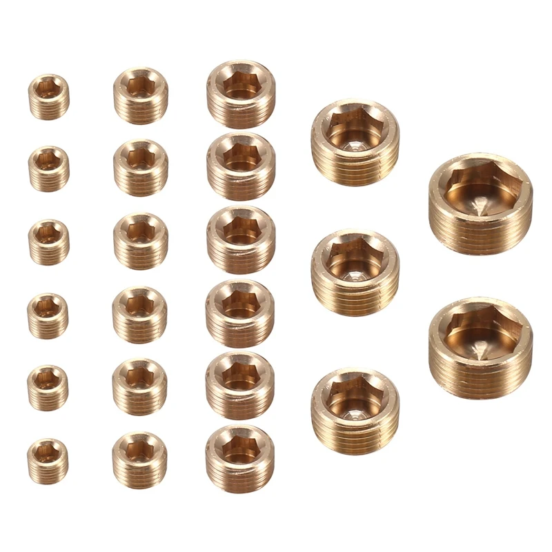 

23Pcs Brass Pipe Fitting,1/8 Inch 1/4 Inch 3/8 Inch 1/2 Inch 3/4 Inch NPT Brass Internal Hex Thread Socket Pipe Plug Set