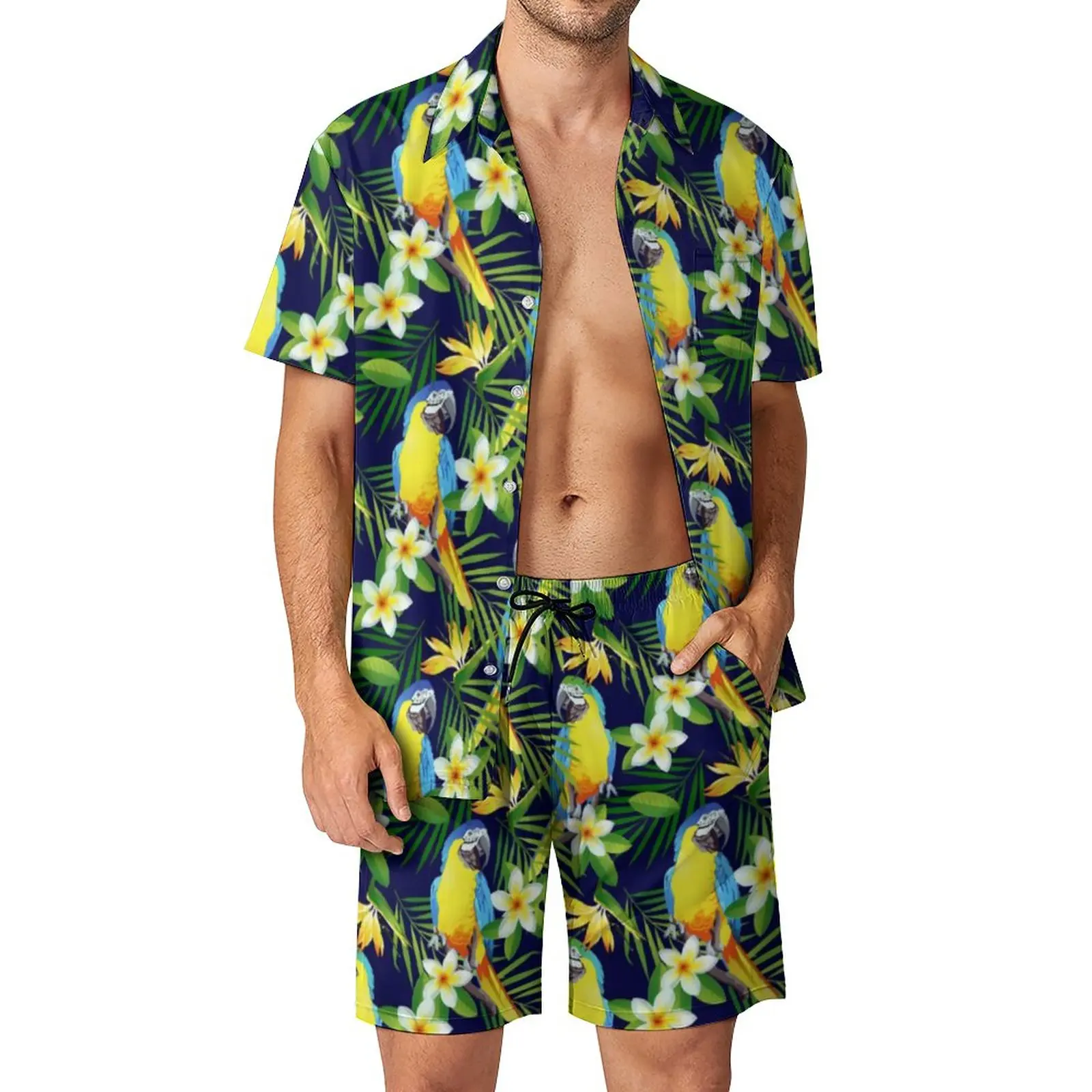 

Parrots And Hibiscus Men Sets Tropical Birds Print Casual Shorts Beach Shirt Set Summer Fashion Graphic Suit Oversized Clothing