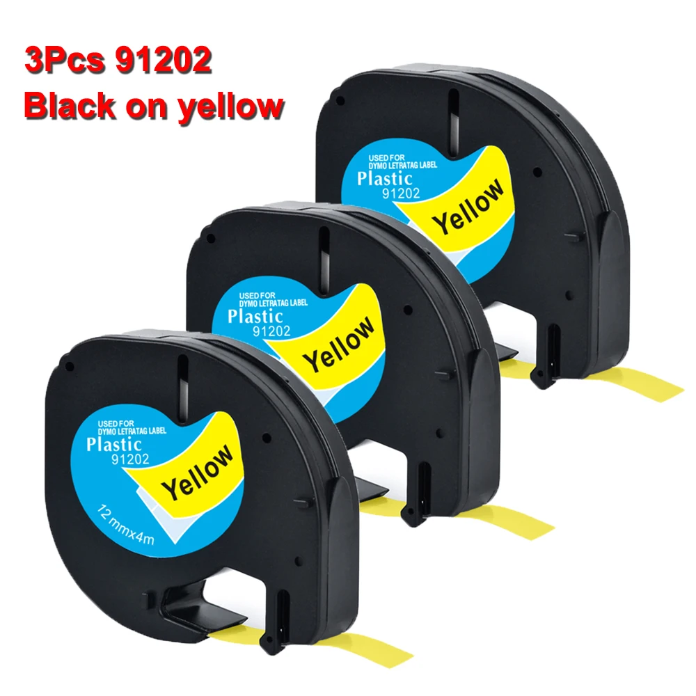 

3Packs 12mm 91202 Compatible Dymo LetraTag Tape Ribbon 91200 91201 Black on Yellow for Dymo LT-100H Printer Labeling Machine