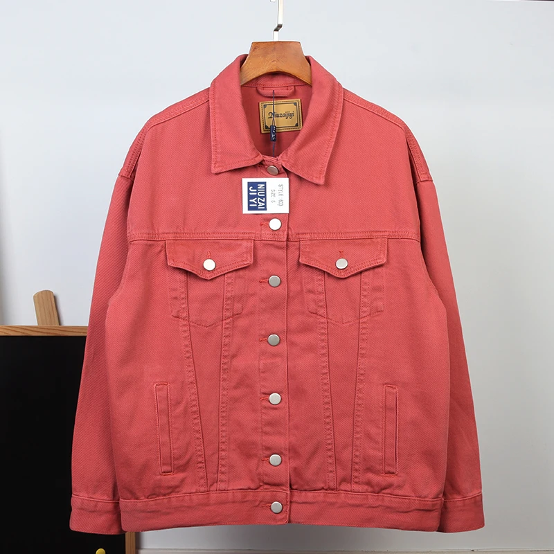 

Женская джинсовая куртка с длинным рукавом, винтажная свободная повседневная куртка с отложным воротником, фиолетовая или оранжевая джинсовая куртка в Корейском стиле для весны и осени