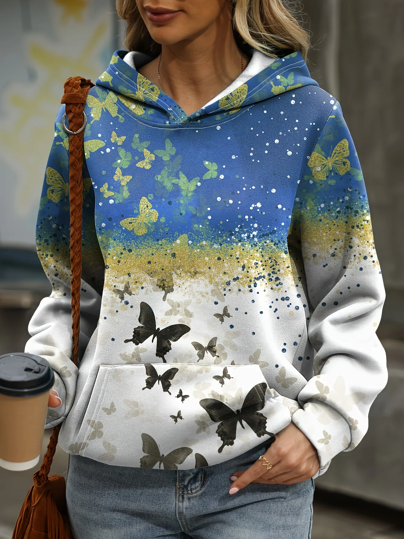 Женская толстовка с капюшоном Свободный Повседневный пуловер цветочным принтом