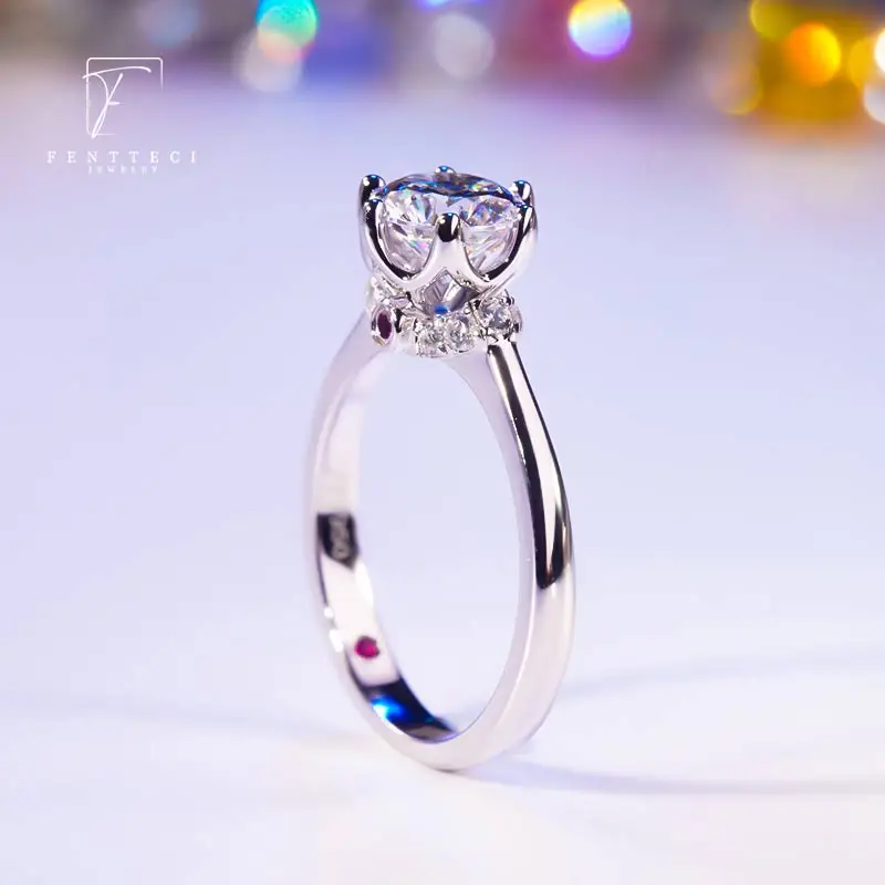 FENTTECI 925 Sterling Silver D Color Moissanite Rose Shape Red Diamond Ring True Love Wedding Proposal Ring for Women Jewelry