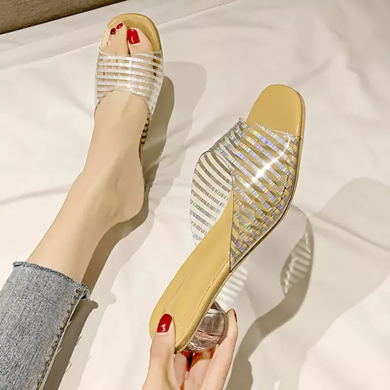 

2022NEW crystal plaform high heels shoes woman PVC summer slippers ladies fashion square toe jelly slippers woman beach shoes