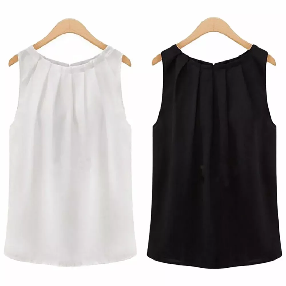 

2023New Shirt Plus Size XXXL Women Tropical Sexy Simple Pure Color Fold Sleeveless O Neck Chiffon Blouses Casual Tops