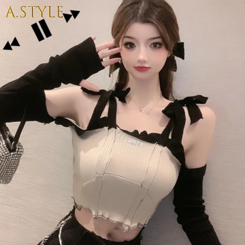 

A GIRLS Bow Tie Long Sleeve Shirts Women Contrast Color Off Shoulder Patchwork Korean Sweet Ruffled Slash Neck Crop Tops Femme