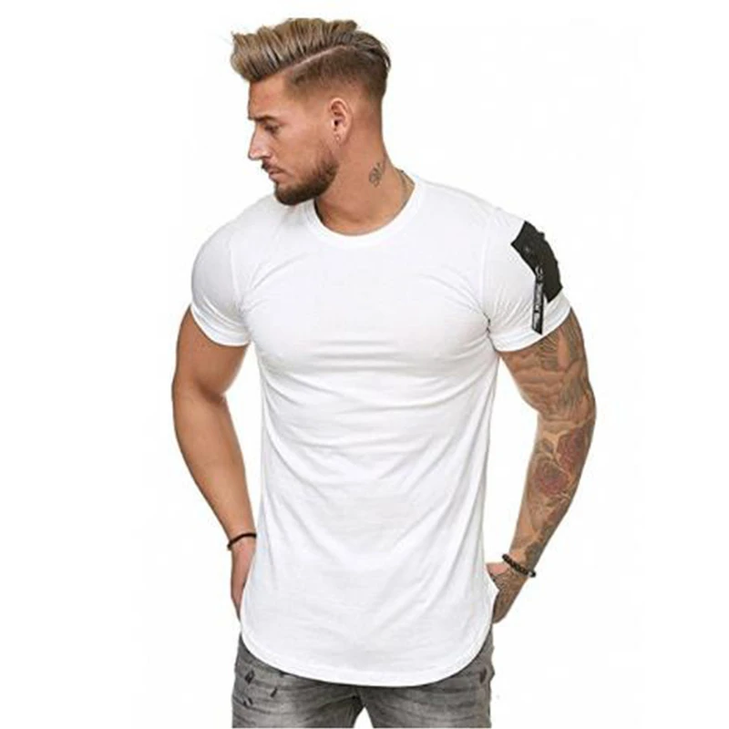 

B3462 Short Sleeve Zipper Shoulder Streetwear Hip Hop Summer T Shirt Men Longline Curved Hem Tshirt Slim Funny T-Shirt Plus Size
