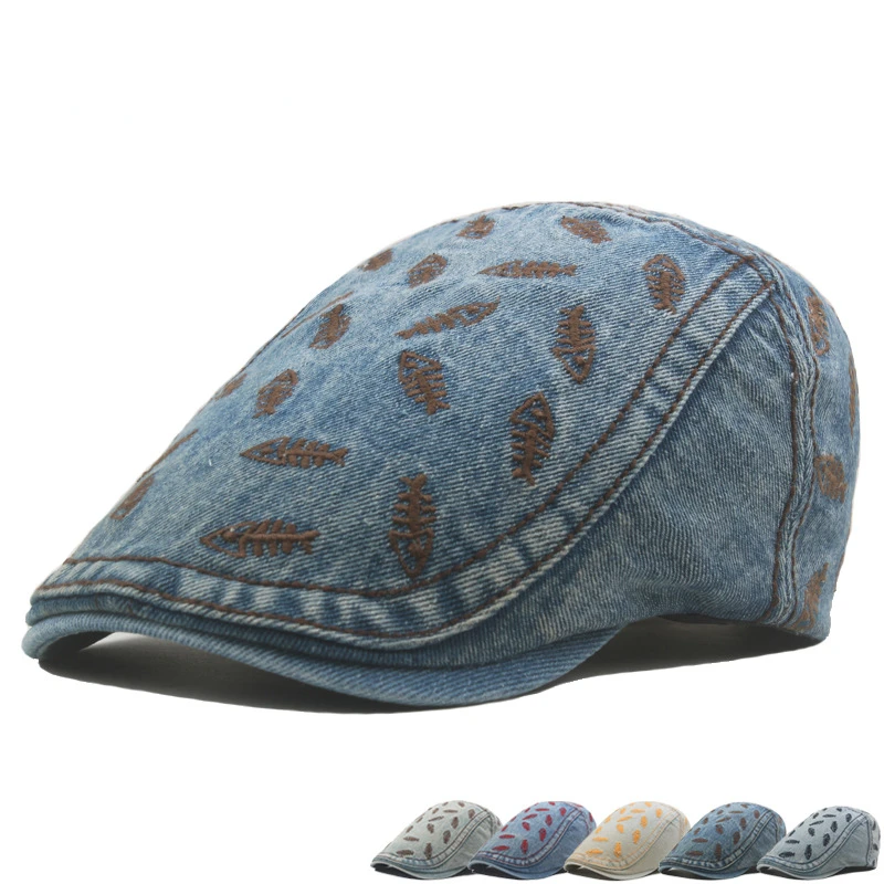 

2023 Summer New Small Fish Embroidered Denim Berets for Women Japanese Retro Forward Hat Fashion Versatile Sunscreen Men's Caps