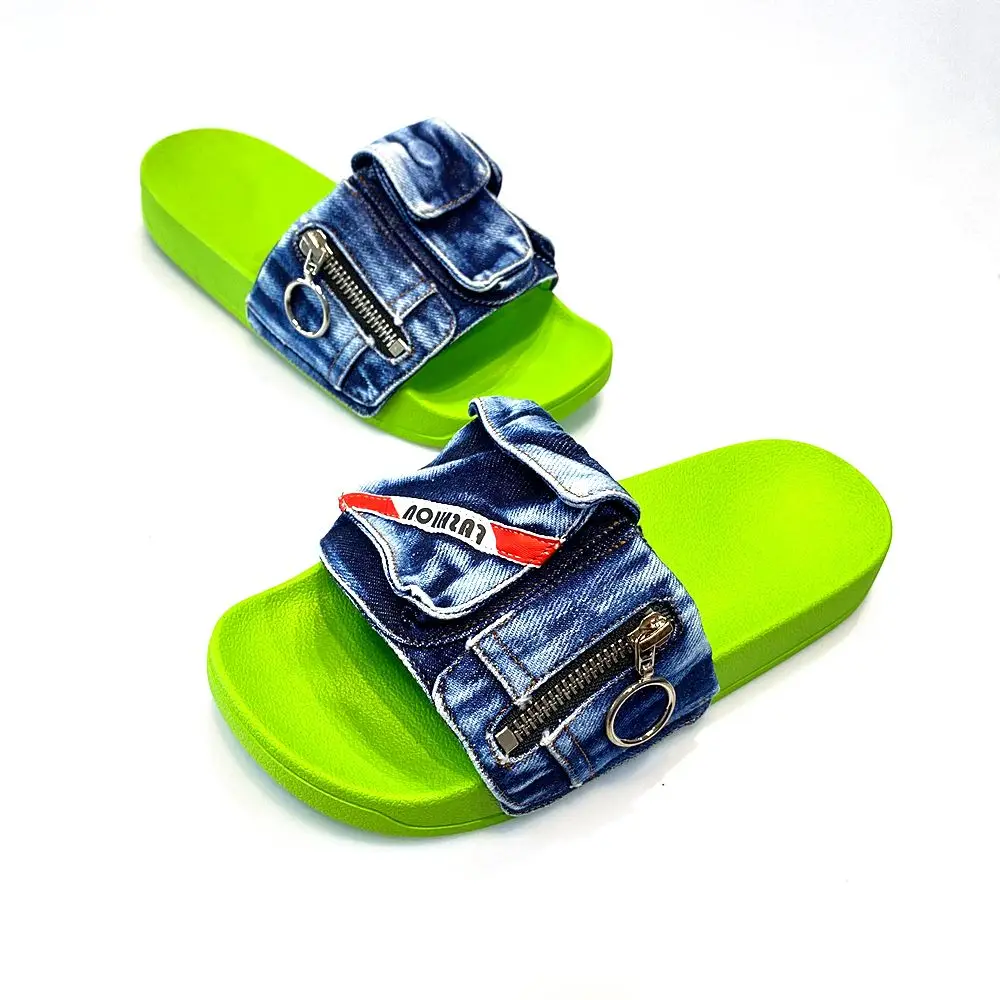 New Retro Soft Sole Denim Slippers Women Shallow Mouth Flat Round Toe Thick Bottom Slipper Open Toed  Casual Slip On Sandals