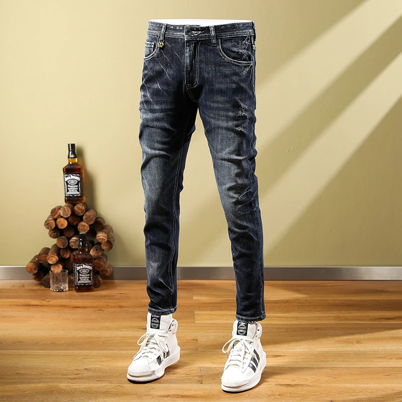 Fashion Designer Men Jeans Retro Black Blue Elastic Stretch Skinny Ripped Jeans Men Vintage Trousers Casual Denim Pants Hombre