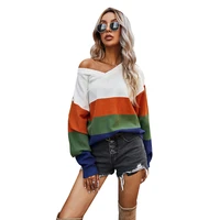 autumn women patchwork loose sweater long sleeve v neck knitted sweater casual striped color block sweater jumper pullover tops