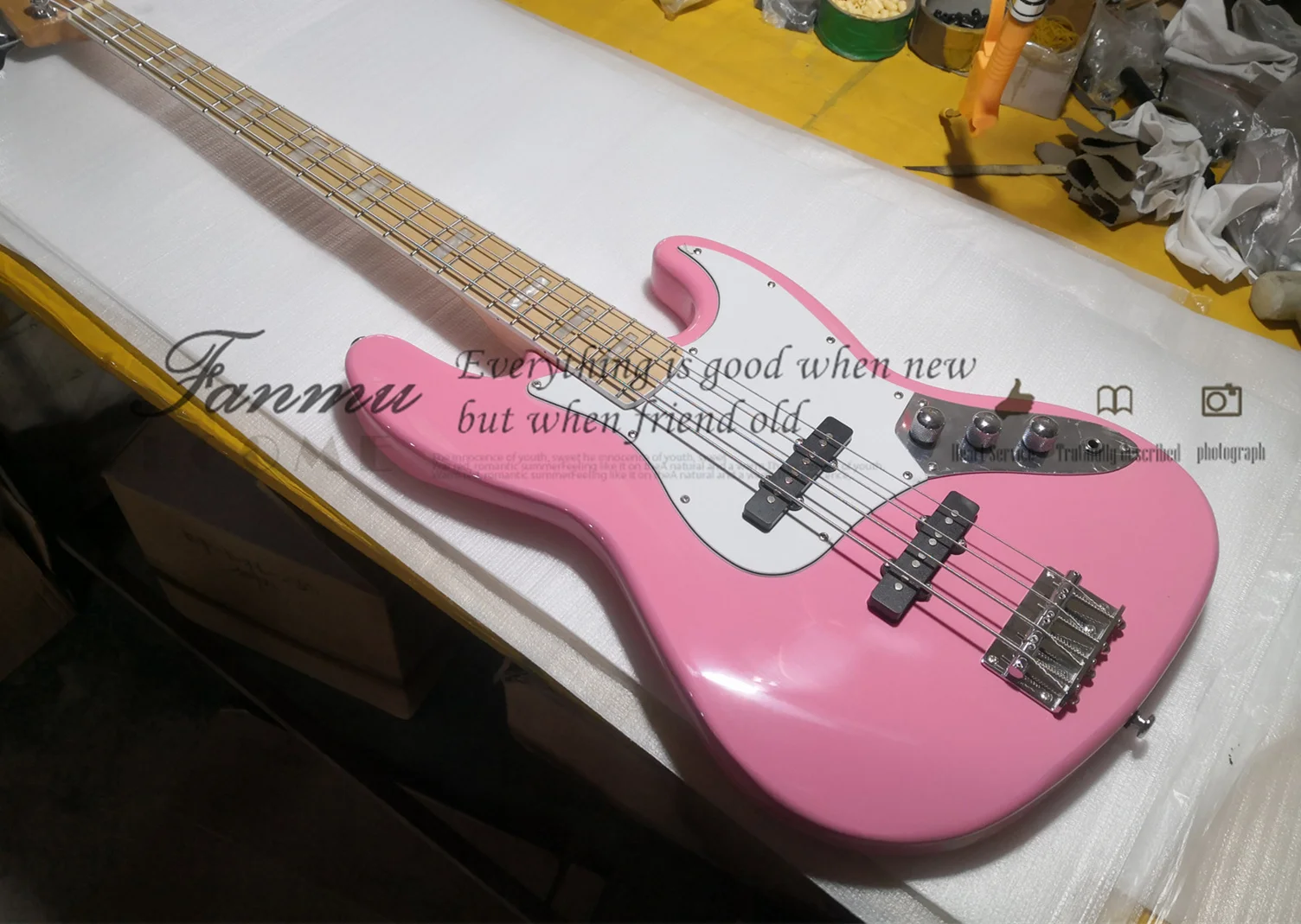 

Factory Custom 4 String Electric Bass, JB Bass, Pink Basswood Body with White Pickguard, Rosewood Fingerboard, Chrome Bridge