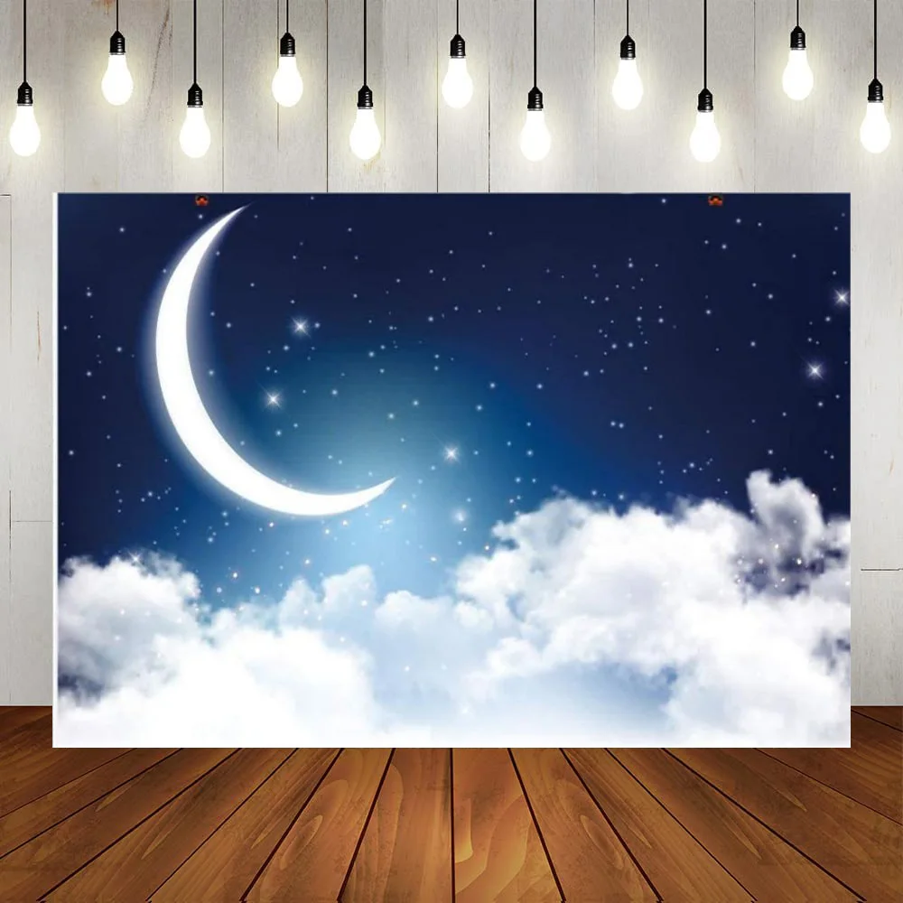 

Night Sky Photography Backdrop Crescent Moon Starry Galaxy Twinkle Stars Cloud Dreamlike Banner Space Birthday Party Prop