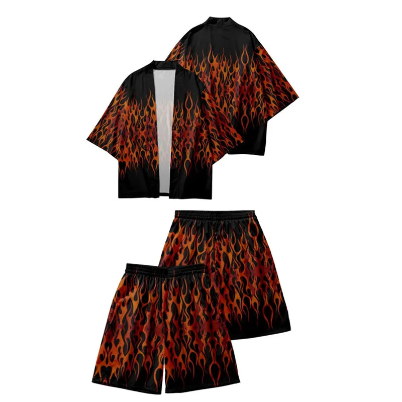 

Two-piece Suit Orange Red Flame Print Japanese Style Fashion Kimono And Shorts Set Men Cardigan Blouse Haori Obi Asian Clothes