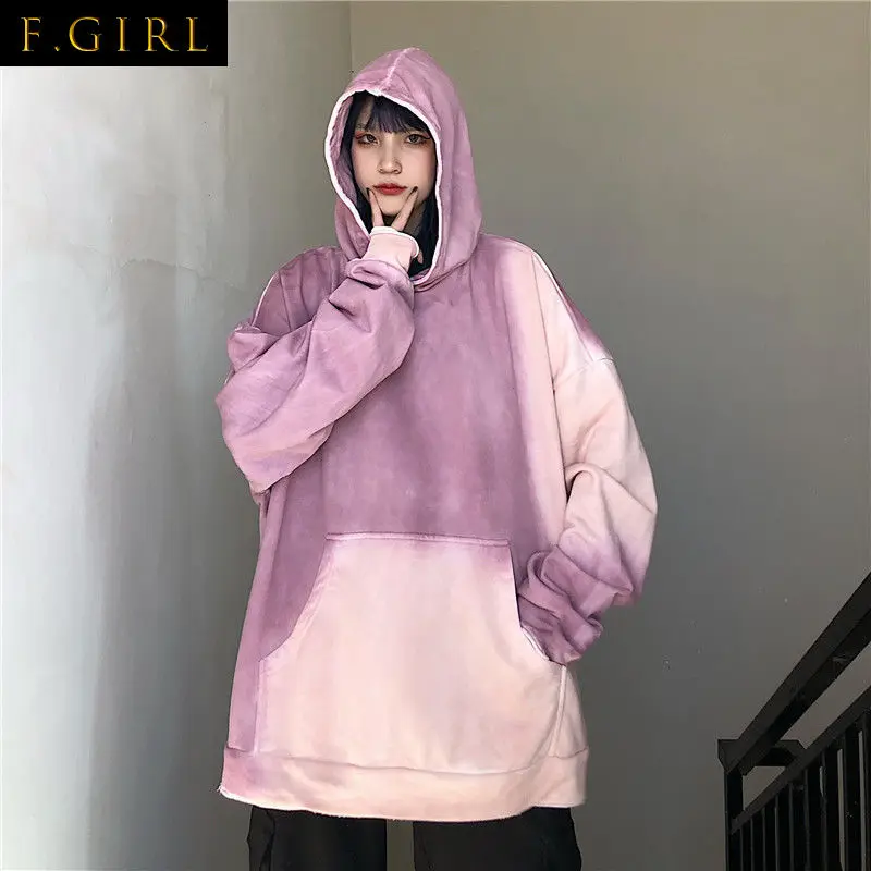 With Hat Hoodies Women Gradients Spring Hip Hop BF Hooded Sweatshirts Ladies Loose All-match Ins Harajuku Fashion Tops Casual