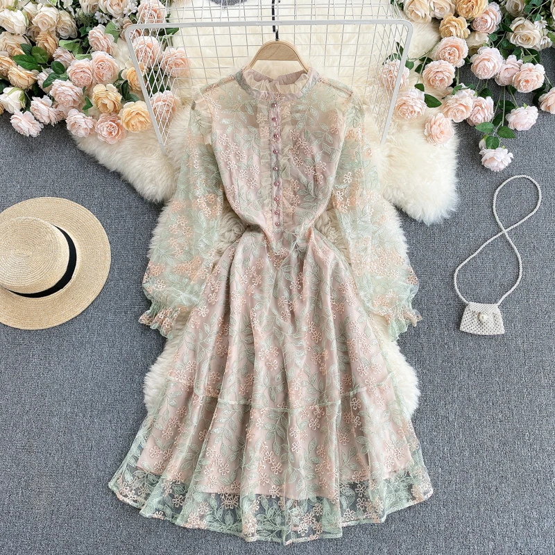 

Celebrity Dresses For Women 2022 New Early Spring Girl Sweet Fungus Collar Slim Short Heavy Industry Embroidery Lace Dress Women