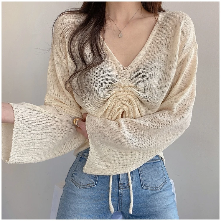 

COIGARSAM Blouse Women Long Sleeve Knitting Pleated V-Neck Blusas Womens Tops And Blouses Dropshipping