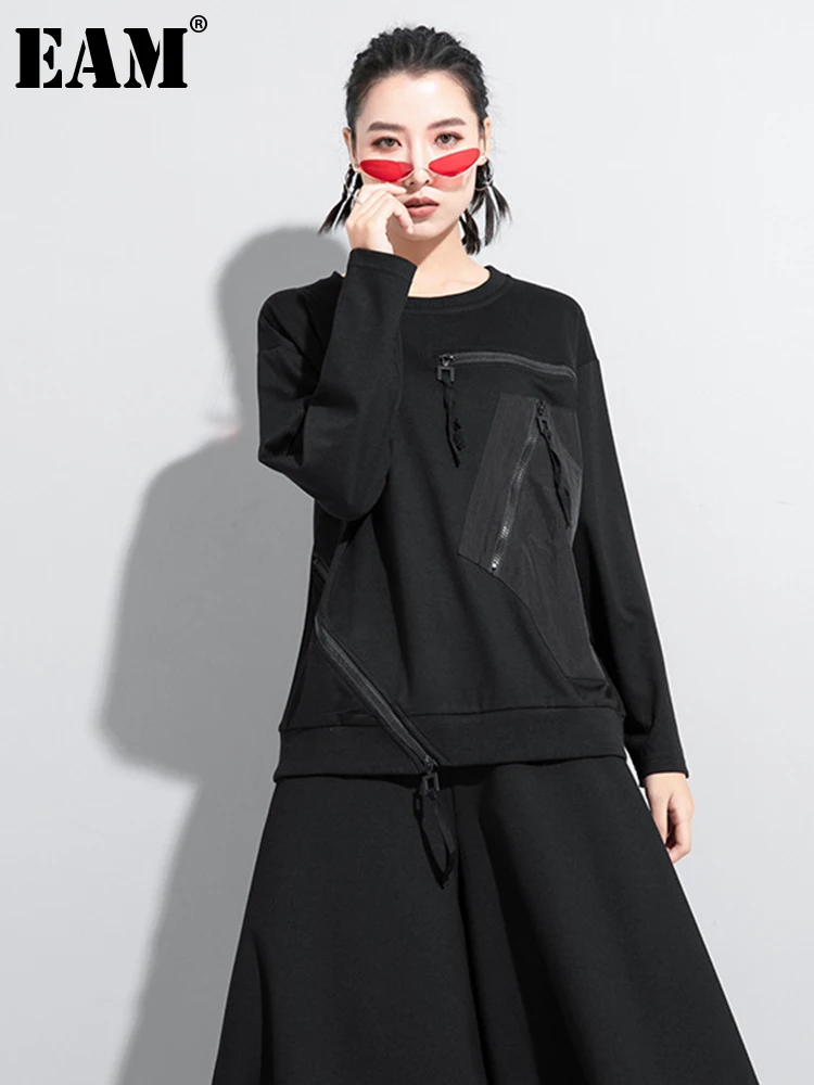 

[EAM] Women Black Zipper Split Joint Big Size T-shirt New Round Neck Long Sleeve Fashion Tide Spring Autumn 2023 1DA607