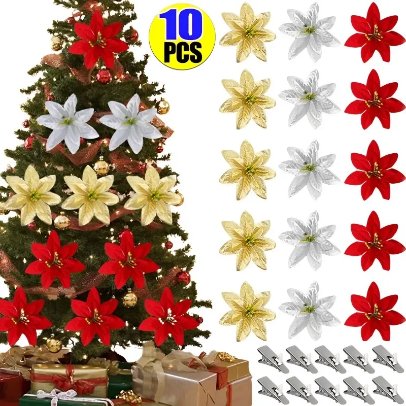 

10/1PCS 14cm Artificial Christmas Flowers Xmas Tree Ornament For Home Wedding Noel Navidad Party Table Setting Decor Supplies