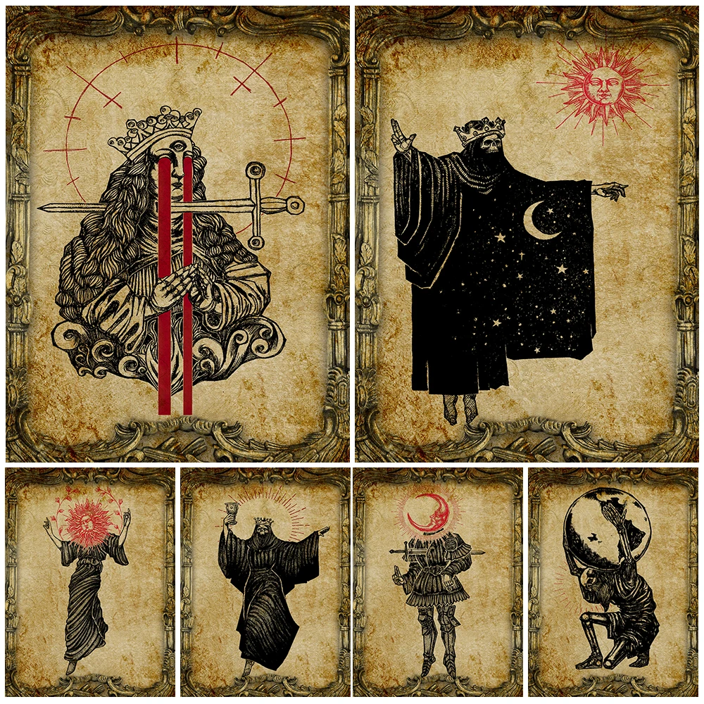 

Mysterious Skeleton Witchcraft Magic Art Poster And Prints Sun Moon Witch Vintage Poster And Prints For Living Room Decoration