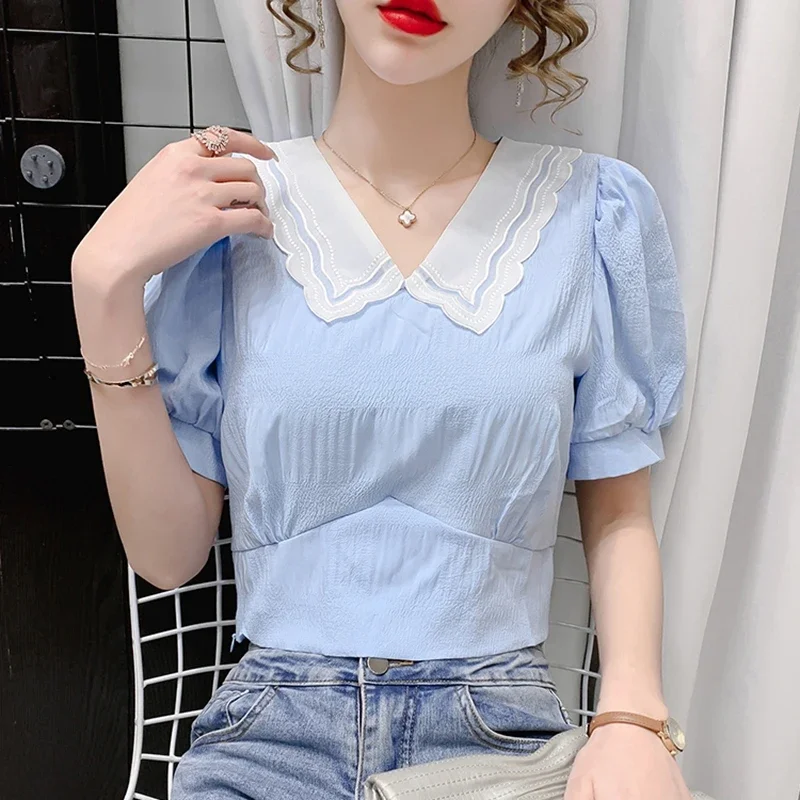 Женская шифоновая блузка с пышными рукавами голубая или розовая элегантная