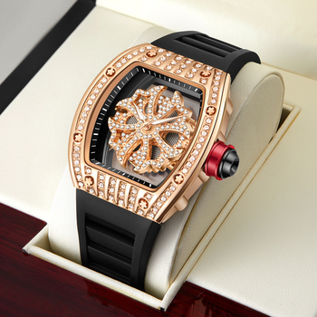 Luxury Tonneau Shape Men's Quartz Watch Hollow Back Shell Inlaid Rhinestone Dial Design PU Strap Man Hip Hop Wristwatch Gift New-37235