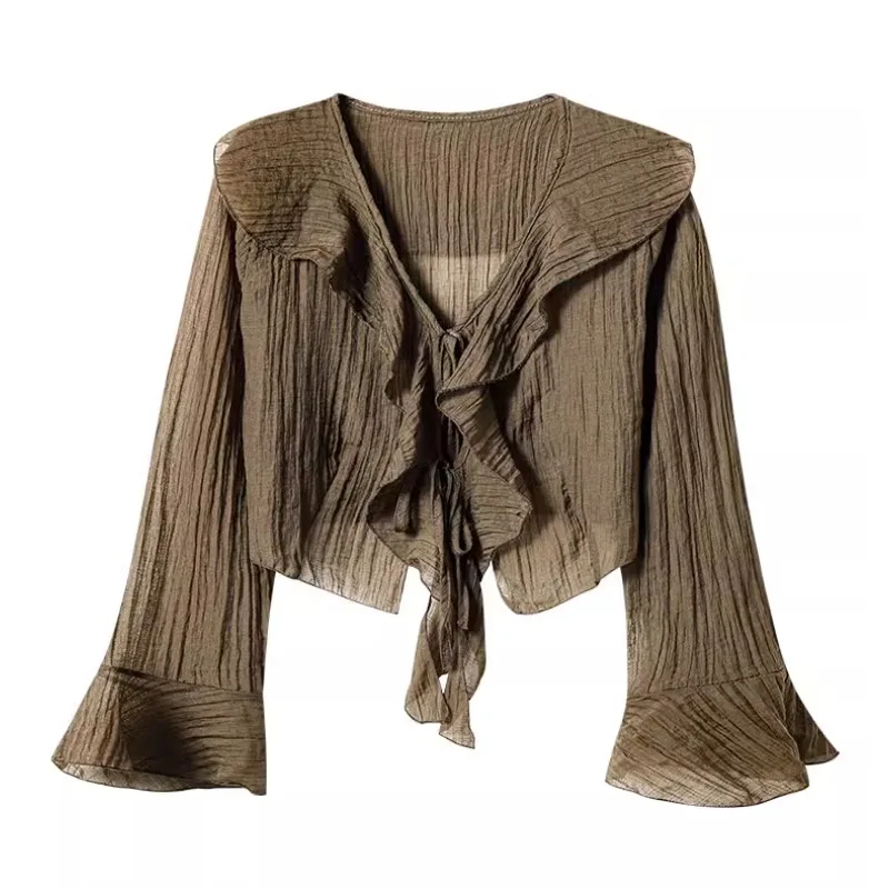 Женские рубашки в стиле ретро с оборками по краям шифоновые блузки на завязках