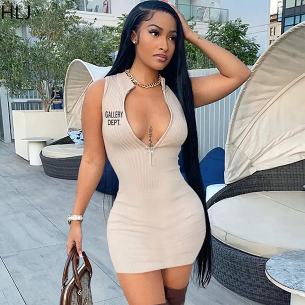 

HLJ Fashion Streetwear Sexy Deep V Sleeveless Zipper Bodycon Dress Women Letter Print Slim Mini Dress Female Club Party Vestidos