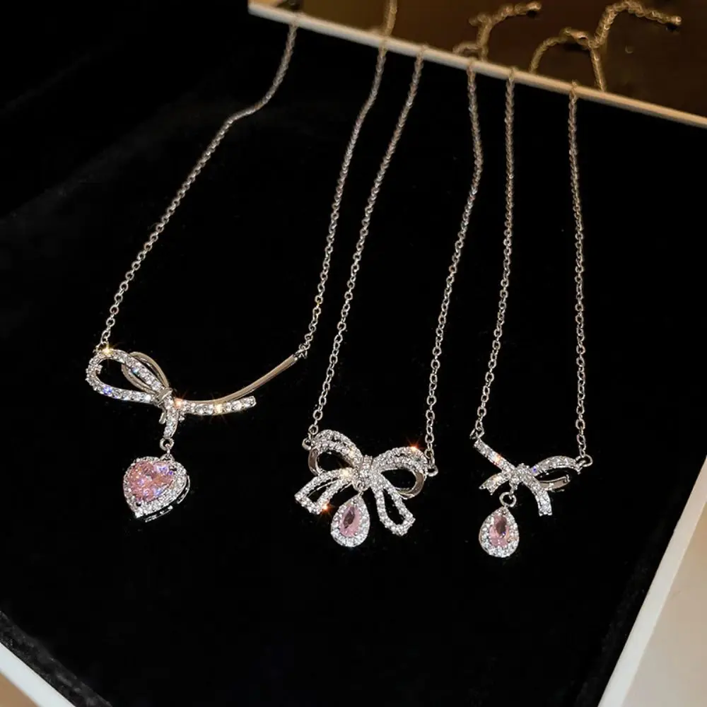 

Shiny Bowknot Heart Necklace Sliver Pink Crystal Teardrop Pendant Necklace Women Jewelry